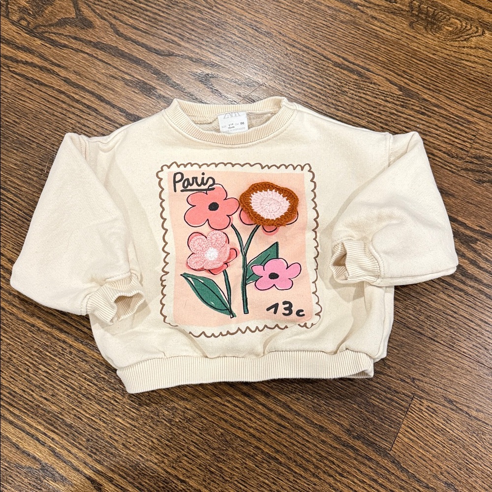 Zara Cream Sweatshirt with Floral Stamp Print Size 18 Months
